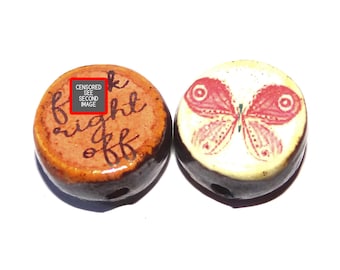 1 Ceramic Double Sided Quote Bead Porcelain Handmade Adult 19mm CC4-4