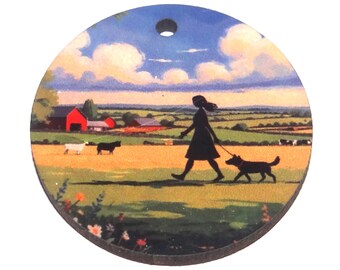 Wooden Two Sided Dog Walker Pendant Porcelain Handmade 30mm MM10-4