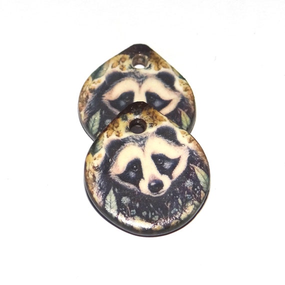 Ceramic Badger Earring Charms Pair Beads Handmade Rustic 18mm/0.7" P1-1