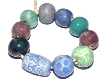Ceramic Bead Set Patterned Textured Handmade Porcelain 8-15mm