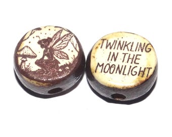 1 Ceramic Fairy Two Sided Quote Bead Porcelain Handmade 15mm BB7-4