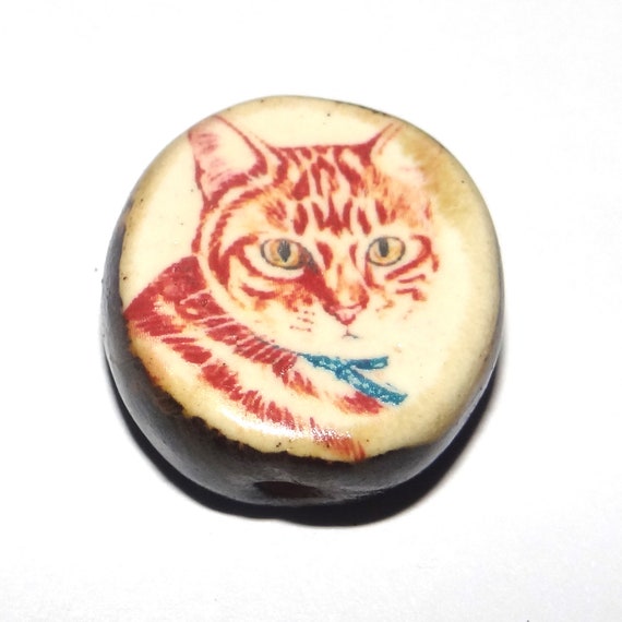 Ceramic Cat Focal Bead Handmade Pottery Beads 24mm PP10-1