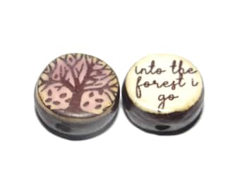 1 Ceramic Forest Double Sided Quote Bead Porcelain Handmade 13mm BB8-1
