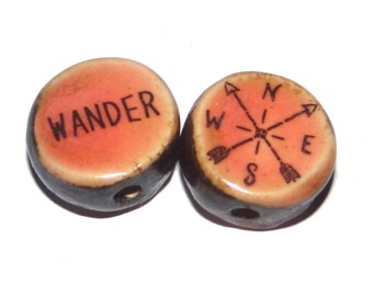 1 Ceramic Compass Bead Double Sided Quote Bead Porcelain Handmade  18mm