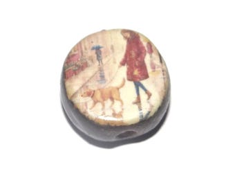 Ceramic Dog Walk Focal Bead Handmade Pottery Beads 16mm PP4-2