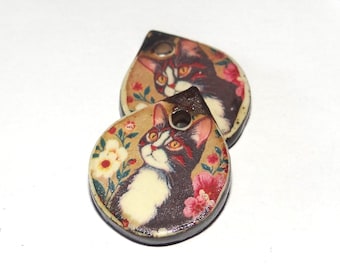 Ceramic Cat Earring Charms Beads Pair Porcelain 18mm CC3-3