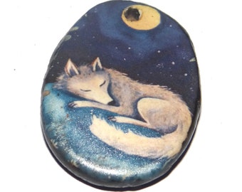 Ceramic Wolf Pendant Handmade Focal Porcelain 35mm CC7-3