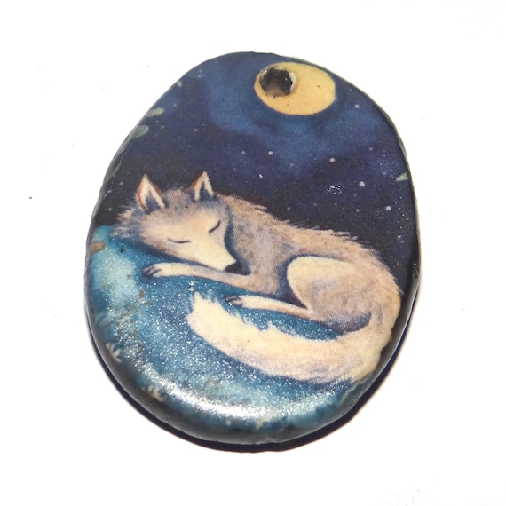 Ceramic Wolf Pendant Handmade Focal Porcelain 35mm CC7-3