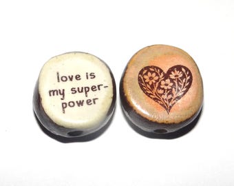 Ceramic Love Two Sided Focal Bead Handmade Pottery Beads 18mm BB6-1