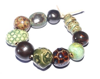 Ceramic Bead Set Textured Glazed Pottery Clay Handmade Porcelain 8-12mm