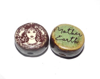 1 Ceramic Mother Earth Double Sided Quote Bead Porcelain Handmade 13mm BB5-2