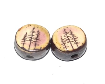 Ceramic Forest Tree Beads Pair Porcelain 15mm CC10-1