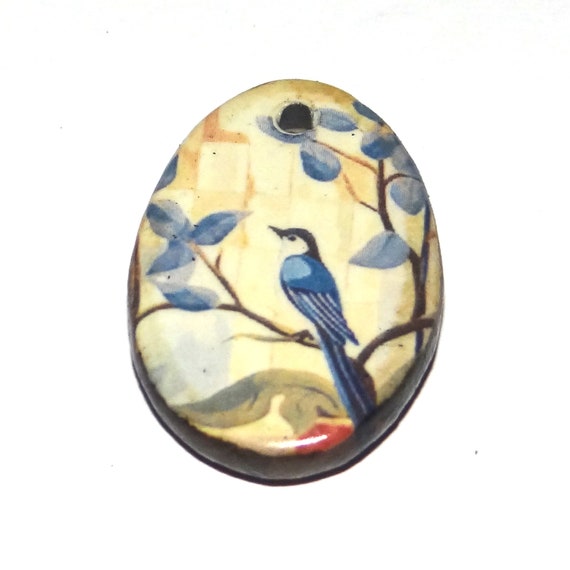 Ceramic Bird Pendant Handmade Focal Porcelain 30mm CC7-2