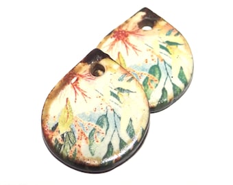 Ceramic Flower Earring Charms Pair Beads Handmade Rustic 20mm/0.8" CC2-1
