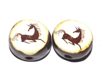 Ceramic Unicorn Beads Pair Porcelain 14mm CC9-3