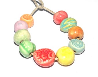 Ceramic Bead Set Textured Glazed Pottery Clay Handmade 8-15mm