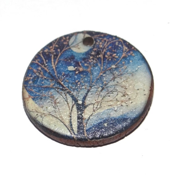 Ceramic Tree Moon Pendant Handmade Focal Porcelain 30mm CC7-3