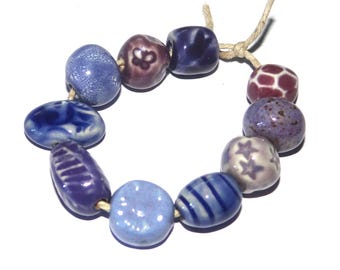 Ceramic Bead Set Textured Glazed Pottery Clay Handmade 8-15mm