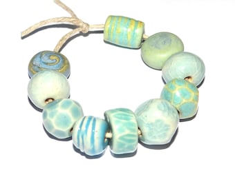 Ceramic Bead Set Textured Glazed Pottery Clay Handmade 8-15mm