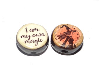 1 Ceramic Witch Double Sided Quote Bead Porcelain Handmade 13mm BB5-4