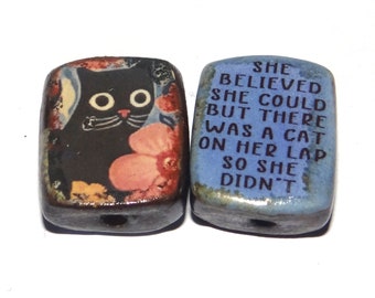 1 Ceramic Cat Bead Two Sided Quote Beads Porcelain Handmade  20mm