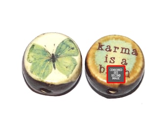 1 Ceramic Double Sided Quote Bead Porcelain Handmade Adult 19mm BB2-2