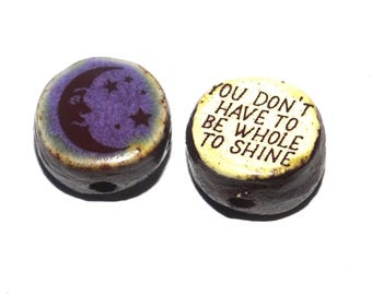 1 Ceramic Double Sided Quote Bead Porcelain Handmade 15mm BB6-4