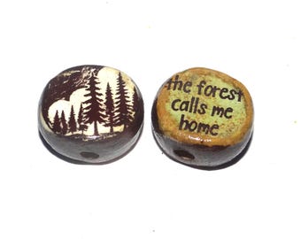 1 Ceramic Forest Double Sided Quote Bead Porcelain Handmade 13mm BB4-2