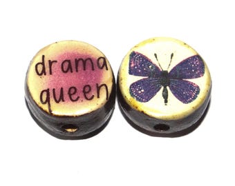 1 Ceramic Double Sided Quote Bead Porcelain Handmade Adult 19mm CC4-4