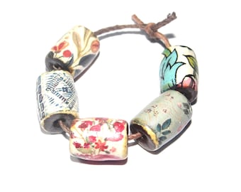 Ceramic Barrel Bead Set Handmade Porcelain 13mm