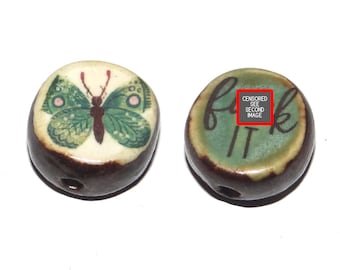 1 Ceramic Double Sided Quote Bead Porcelain Handmade  19mm BB6-2