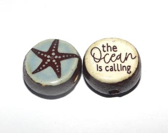 1 Ceramic Starfish Double Sided Quote Bead Porcelain Handmade 13mm BB8-4