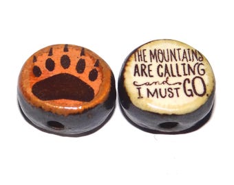 1 Ceramic Mountains Bear Double Sided Quote Bead Porcelain Handmade 15mm BB4-2