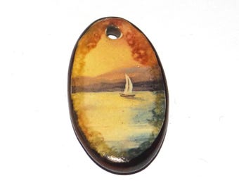 Ceramic Sunset Sailing Pendant Handmade Focal Porcelain 30mm PP8-1