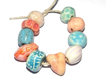 Ceramic Bead Set Textured Glazed Pottery Clay Handmade 8-15mm