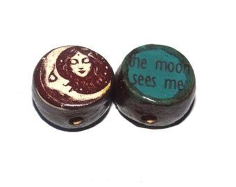 1 Ceramic Double Sided Quote Bead Porcelain Handmade 15mm BB6-4