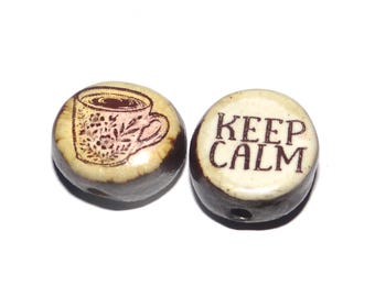 1 Ceramic Tea Double Sided Quote Bead Porcelain Handmade 13mm BB8-2
