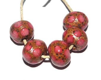 Ceramic Dark Pink Spotty Speckled Bead Set Handmade 13mm