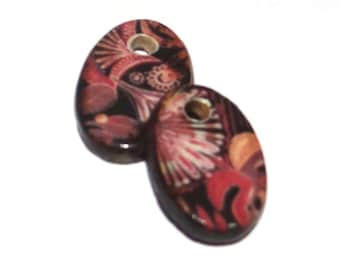 Ceramic Patterned Earring Charms Pair Beads Handmade Rustic 18mm CC1-2