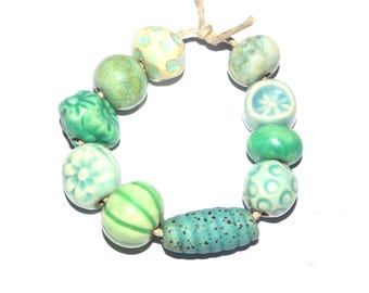 Ceramic Bead Set Textured Glazed Pottery Clay Handmade 8-15mm