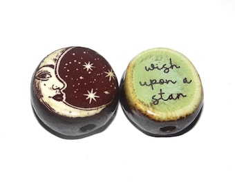 Ceramic Moon Two Sided Focal Bead Handmade Pottery Beads 18mm BB6-2