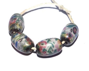 Ceramic Floral Bead Set Handmade Porcelain 15mm