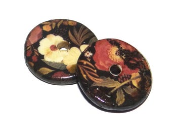 Ceramic Floral Patterned Disk Charms Beads Pair Porcelain 15mm PP2-3