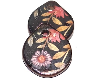 Ceramic Floral Leaf Charms Beads Pair Porcelain 18mm CC9-3