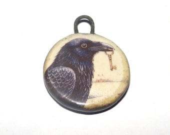 Ceramic Raven Key Charm Pendant Porcelain Handmade 27mm CC9-4