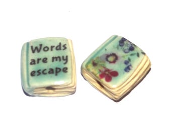 Ceramic Book Bead Focal Handmade Rustic Floral Quote Word Sculpture Porcelain 22mm