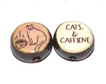 1 Ceramic Cat Double Sided Quote Bead Porcelain Handmade 15mm BB4-2