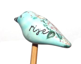 Ceramic Bird Bead Focal Handmade Rustic Floral Quote Word Sculpture Porcelain 30mm