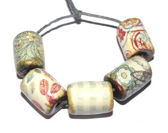 Ceramic Barrel Bead Set Handmade Porcelain 15mm