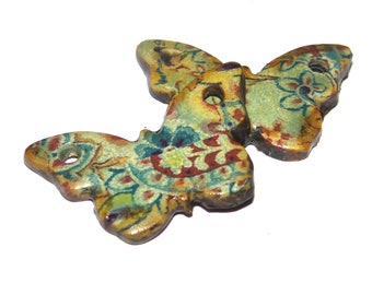 Ceramic Floral Butterfly Earring Charms Pair Beads Handmade Rustic 28mm CC2-1